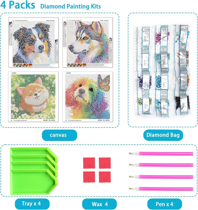 UiSdfuy Diamond Art Kits for Kids,Arts & Crafts for Kid Ages 8-12,Diamond Art for Kids,Gem Art 4 Pack Diamond Painting 6" X 6" (4-Dog) - Image 2